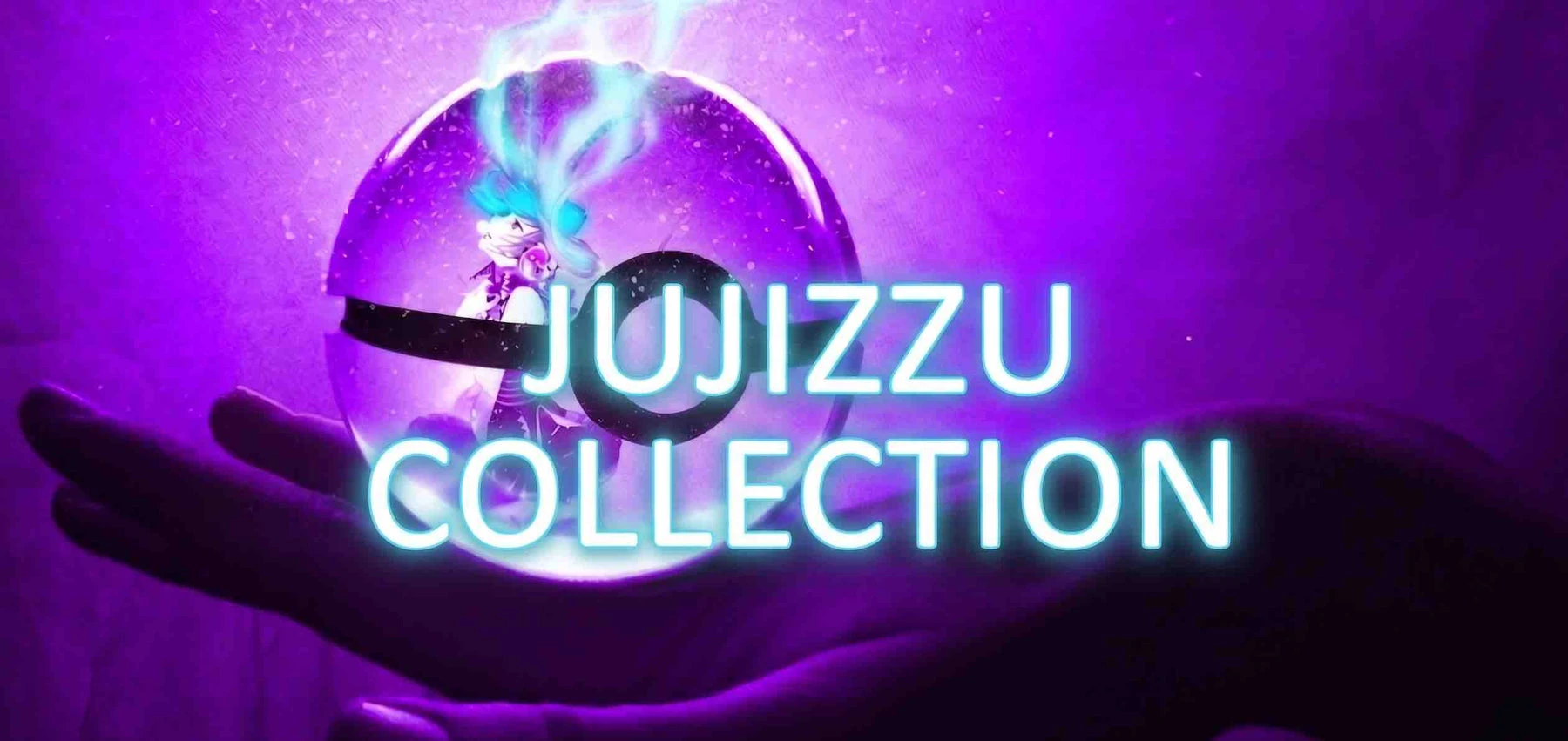 Banner originale Jujizzu Collection: una sfera luminosa con Pokémon, su sfondo cosmico viola e blu